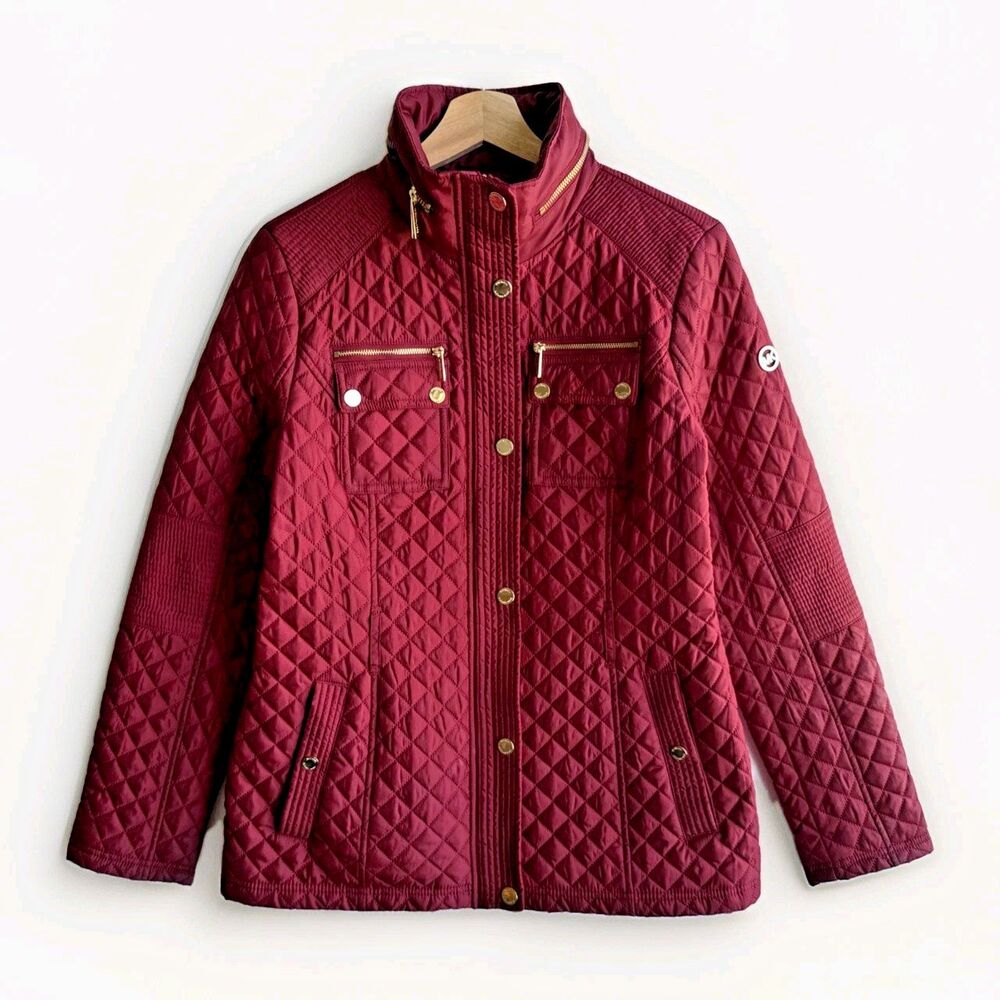Michael Kors Women's Medium Quilted Zip Up Jacket Red Gold Tone Button